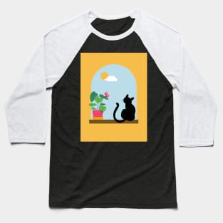 Minimalistic Illustration of Cat Sitting Boho Aesthetic Baseball T-Shirt